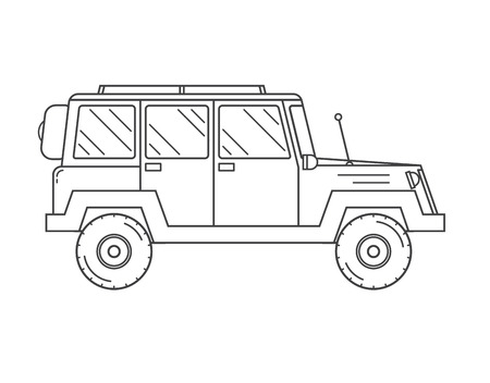 Adventure traveler truck outline and thin line icon. Suv jeep for safari and extreme travel pictogram in black and white. Vector monochrome silhouette Rv iconのイラスト素材