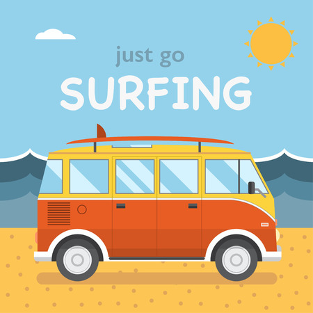 Summer beach camping island landscape with surfing bus, seaview, sand and sun. Travel omnibus family summertime holidays. Vacation poster concept. Surf camp, rv travel coach in flat designのイラスト素材