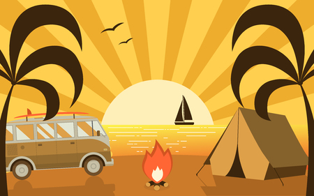 Tropical paradise beach campground scene with camping van and tourist tent. Palm island campsite place flat landscape with RV surfing bus. Summer travel beach camp concept.のイラスト素材