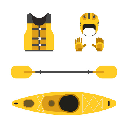 Rafting and kayaking icons collection. Rafting equipment. Life vest jacket,  paddle oar, kayak boat, rafting helmet and gloves vector pictogram in flat design. River boat trip web elements.のイラスト素材