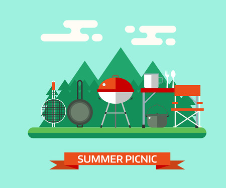 Summer picnic landscape. Family barbecue vector background. Picnic tools. Grill, pan, brazier, bowl, fork, spoon, camping table and chair.のイラスト素材