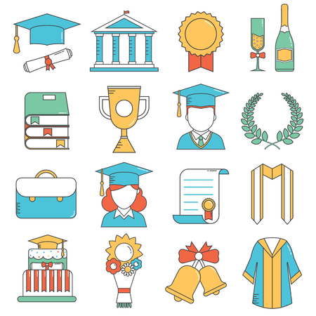 Graduation outline vector icon set of celebration elements. Man and woman graduate in hats and celebrating education party line art. Graduation award  thin line icons collection for web and devicesのイラスト素材