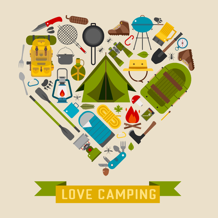 Camp icons in heart shape. Love camping concept with vector hiking elements. Basecamp and hike equipment in creative form.のイラスト素材