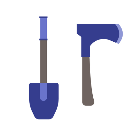 Shovel and Hatchet axe vector icon isolated on white background. Tourist dig and axe elements in flat design.のイラスト素材