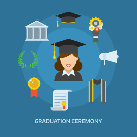 Graduation day concept with celebration cartoon elements. Happy student girl with icons of school, wreath, insignia, flowers, ribbon, graduational cap, diploma, megaphone and bell. Graduate woman smiling flat.のイラスト素材