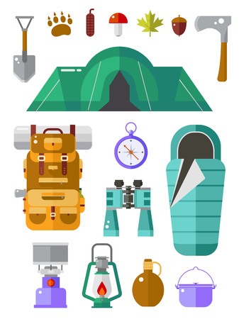 Camping icons collection. Basecamp kit. Hiking equipment. Camp gear collection. Binoculars, pot, backpack, sleeping bag, lantern, compass, flask, tent and forest elements. Summer travel set.のイラスト素材