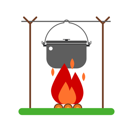 Campfire place illustration. Barbecue steel bowl on fire illustration. Hiking bowler pot on fire isolated on white background. Campsite element in flat design.のイラスト素材