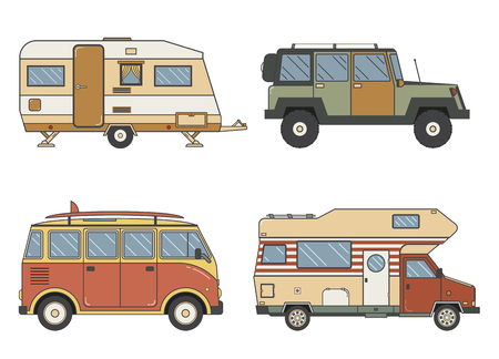 RV travel auto set. Camping trailer family camper collection in line art design. Traveler trucks outline car pictograms. Tourist bus, SUV, minivan and caravan single line icons.のイラスト素材