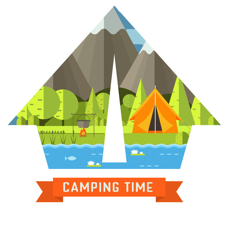 Mountain lake campsite place in tourist tent shape. Forest hiking travel landscape in concept contour. Summer camp postcard vector illustration. Love camping time adventure invitation isolated.のイラスト素材
