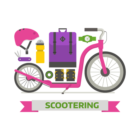 Roller scooter equipment set. Girl kickbike lifestyle elements.Woman Balance bike and scootering accessories. Protection, backpack, cap, boots, music player and wristband. City outdoor activity essentials.のイラスト素材