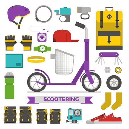 Roller scooter equipment set. Kick bike lifestyle elements. Eco wheel and scooterist essentials. Protection, helmet, rucksack, cap, boots, repairing kit and other cycling vector icons isolated.のイラスト素材