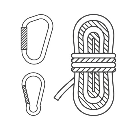Mountaineering vector outline icons. Climbing rope and carabiners in thin line design. Alpinism equipment collection isolated on white backgroundのイラスト素材