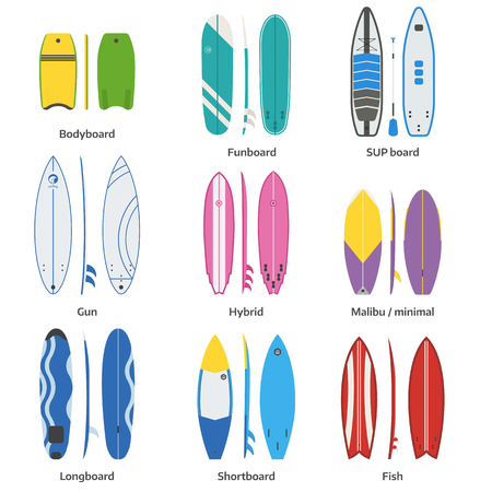 Different surfboard collection. Vector various surf desk in flat design. Surfing desks and boards set. Various colors and styles. Surfdesks isolated on white background. Shortboard, longboard and moreのイラスト素材