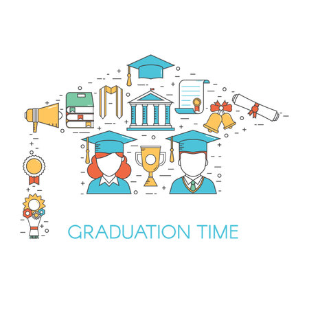 Graduation outline vector set of exam celebration elements.のイラスト素材