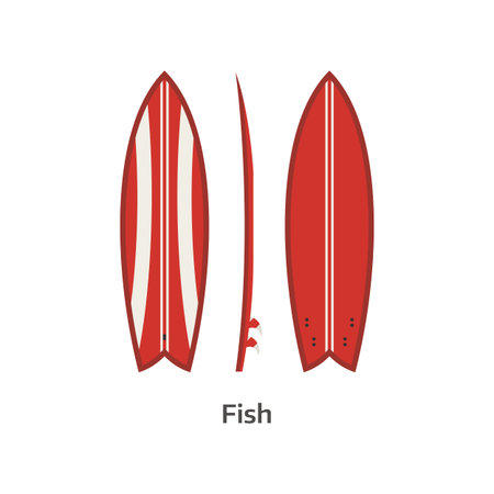 Fish surf board vector icon isolated on white background. Surfer fishboard illustration. Classic surfboard. Surfing desk red color image in flat design.