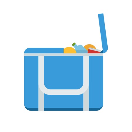 Portative beach freezer bag flat design icon. Picnic cooling lunch box vector illustration isolated on white background. Small freezer-bag in blue color with fruits and drinks.のイラスト素材