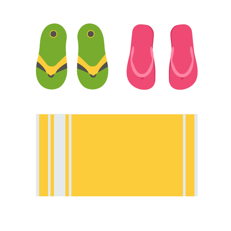 Green and pink beach sneakers and towel vector illustration. Summer sea shoes vector icon. Sunbathing icons set.のイラスト素材