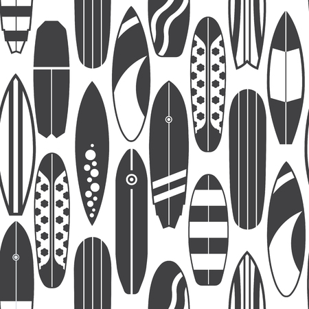Sea surfing pattern with different type surf desks. Surfboard seamless background in black and white colors. Summer travel illustration. Outline surfboards backdrop.のイラスト素材