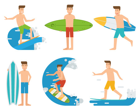 Surfer set. Surfing people with surfboards in different poses. Surfboarders riding on waves. Surfers in motion collection. Summer water activity men characters.のイラスト素材