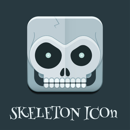 Funny toy skeleton skull square icon. Mad crazy halloween caricature skull pictogram. Monster creative buttonのイラスト素材