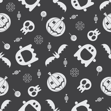 Halloween pattern background. Mystic seamless pattern with pumpkins, skull, ghost, bat, candies and spider web. Halloween night concept backdrop. Halloween seamless pattern in black and white.のイラスト素材