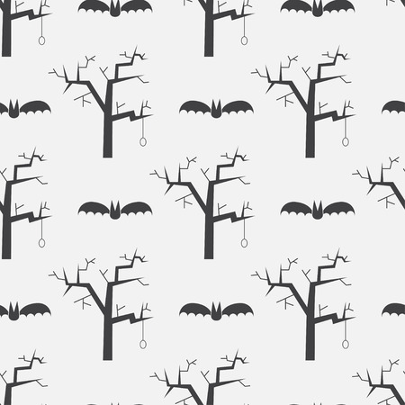 Halloween repeating pattern background with flying bats and evil trees. Mystic seamless pattern on scary story or horror tail theme.のイラスト素材