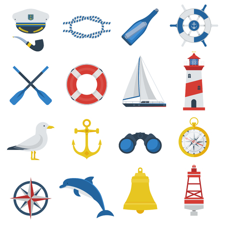 Sea travel icon set. Nautical vector elements collection. Marine adventure equipment. Captain cap, lighthouse, dolphin, sail ship, anchor, seagull, crab, compass and other sea symbols. Marine icons.のイラスト素材
