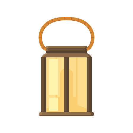 Vintage camping lantern isolated on white background. Retro gas lamp with glowing light. Rustic tourist lantern vector illustration. Old lamp for hiking.のイラスト素材