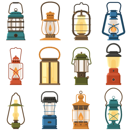 Vintage camping lantern set isolated on white background. Different oil lamp collection. Modern and retro lanterns vector illustration. Various handle gas lamps for tourist hiking.のイラスト素材