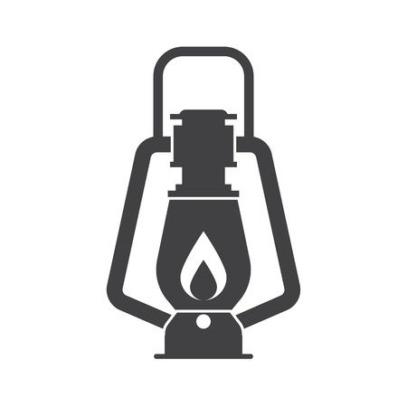 Vintage camping lantern outline icon isolated on white background. Retro gas lamp with glowing fire wick. Rustic tourist oil lantern illustration. Old lamp for hiking.のイラスト素材