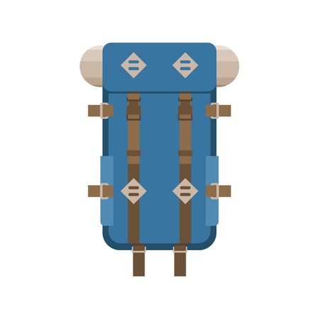 Large hiking backpack in flat design. Tourist rucksack with sleeping bag. Camping backpack illustration. Hiking bag icon.のイラスト素材