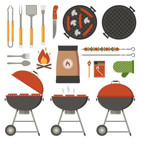 Barbecue tools collection. BBQ utensils set. Barbecue grill appliances icons.のイラスト素材