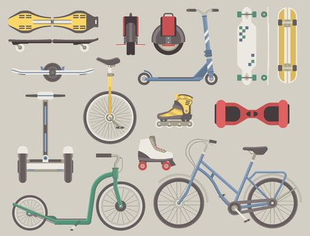 Collection of alternative city transport. Urban wheels and bikes. Kick scooter, monowheel, bicycle, skateboard, longboard, gyroscooter, roller skates, balance board and seagway. Eco transport set.のイラスト素材