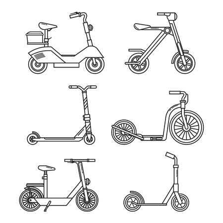 Kick scooter set. Balance bikes. Various scooters eco alternative city transport. Thin line design biking and rolling wheels. Vector push scooter and electric scooter collection. Urban green vehicles.のイラスト素材