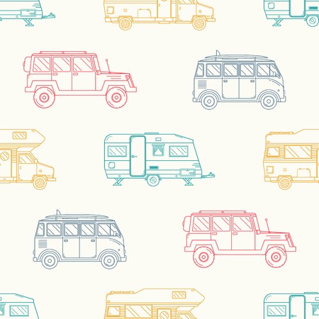Camping trailer outline seamless pattern. Rv travel thin line vector background for textile, web banners and t-shirts. Linear camper backdrop in vintage colors. Bus, SUV, car.の写真素材