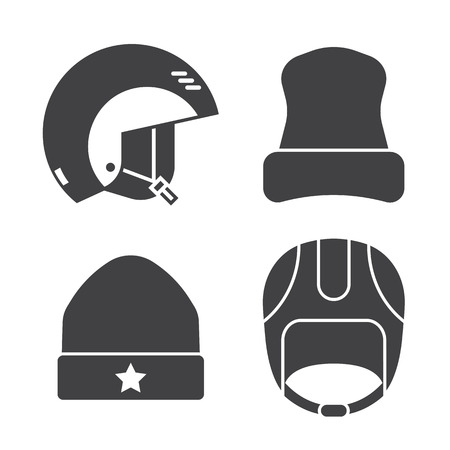 Winter sport head wear icons set. Skiing and snowboarding helmets and caps silhouettes. Snowboarder protective hat in outline design. Winter headgear in monochrome. Snow activity hats.のイラスト素材