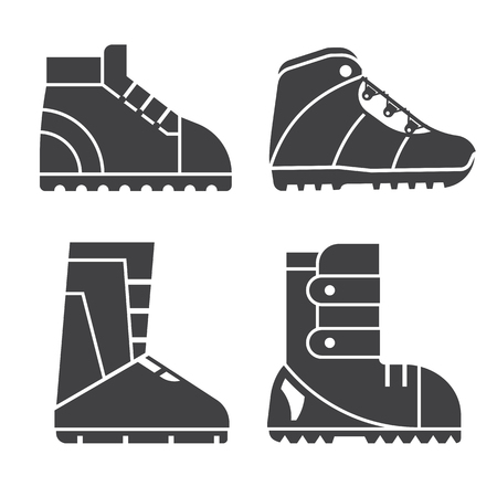 Hiking shoes and snowboard boots outline vector icons. Sport footwear for outdoor activities silhouettes set.のイラスト素材