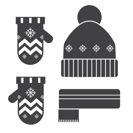 Winter hat, scarf and mittens outline design illustration. Warm wear silhouette vector set.のイラスト素材