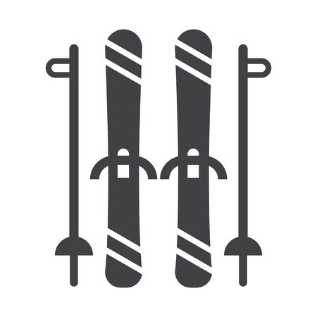 Mountain skis and ski poles outline illustration. Freeride skiing silhouette vector icons.のイラスト素材