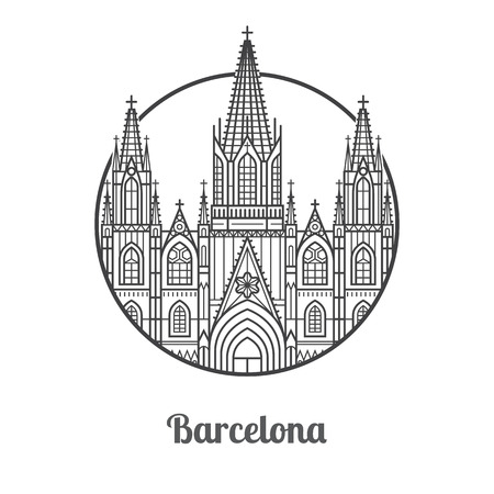 Travel Barcelona icon. Gothic cathedral is one of the famous architectural landmarks and tourist attractions in capital of Catalonia, Spain. Thin line catholic church icon in circle.のイラスト素材