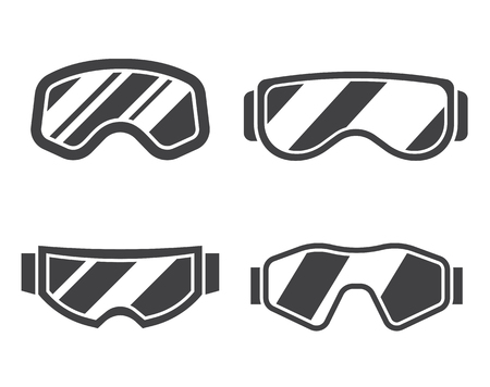 Snowboard or ski goggles silhouette collection in flat design. Skiing or snowboarding face protection glasses outline vector icon. Winter sport goggle set in black and white.のイラスト素材