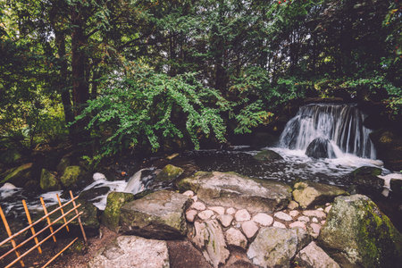 Small waterfall and pond amidst the stones and trees in the Japanese garden park in Wroclaw, Lower...