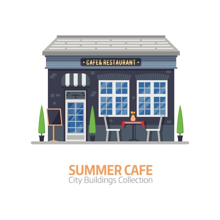 Summer cafe shop with outdoor terrace and table with chairs. Street restaurant building facade in flat design.のイラスト素材