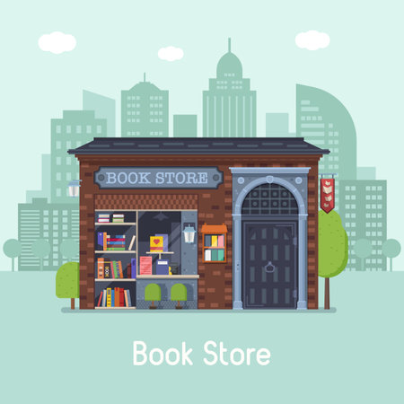 Old public book shop building facade on modern city background. Authentic bookstore banner for website and internet. Classic Europe antiquarian bookshop concept vector illustration.のイラスト素材