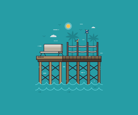 Sea pier, seagull and pinwheel on tropical landscape. Wooden jetty and bench on seaside background in flat design. Summer sea vacation concept vector illustration for travel agency.のイラスト素材