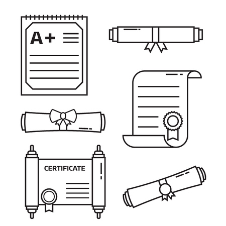 Diploma scroll icon set in line art. Graduation certificate of achievement, test blank and rolled diploma icons. Vector linear illustration.のイラスト素材
