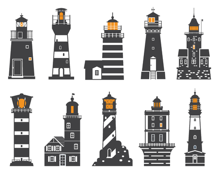 Monochrome lighthouse icon set. Different sea guiding light houses buildings. Sea pharos or beacon collection isolated on white background. Searchlight tower icons of various types in outline design.の写真素材