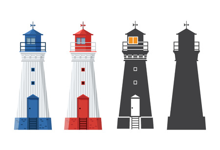 Blue and red lighthouse icon in different styles. Sea guiding light houses in flat and outline design. Searchlight or beacon cartoon illustration and silhouette.の写真素材