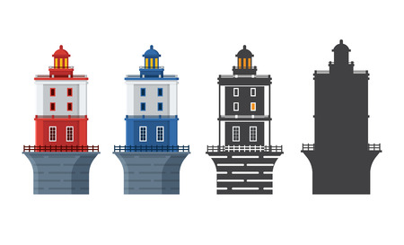 Blue and red lighthouse icon in different styles. Sea guiding light houses in flat and outline design. Searchlight or beacon cartoon illustration and silhouette.の写真素材