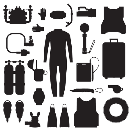 Scuba elements and snorkeling gear silhouette set. Diving kit. Scuba-diving vector icons in outline design. Underwater activity accessories in black and white. Wetsuit, mask, snorkel, fins, oxygen.のイラスト素材